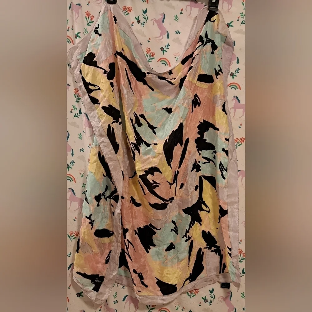 EUC Vintage 80s Honey Silk Pastel Graphic Retro Boho Neutral Casual Scarf Wrap